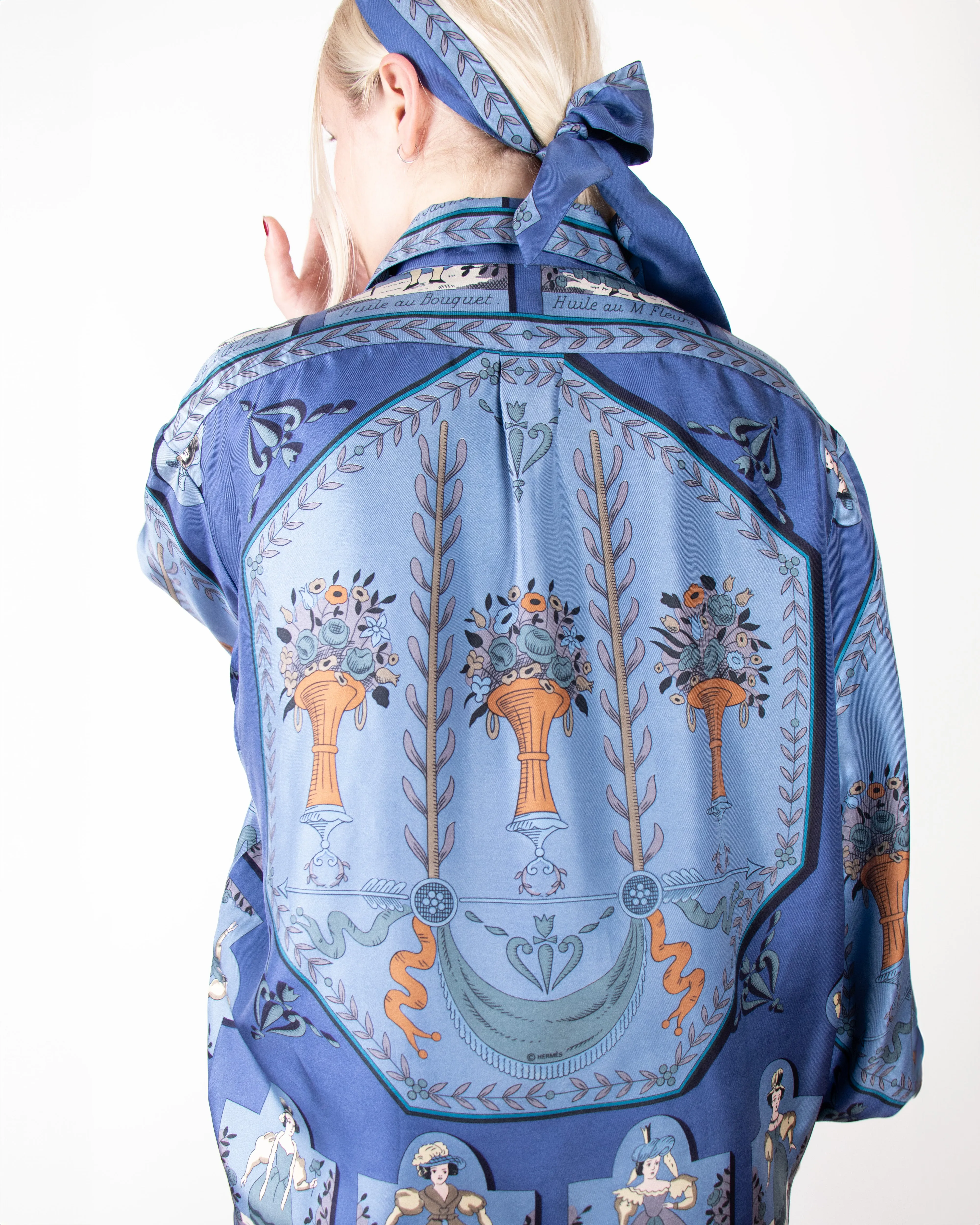 1980s Hermès Blue Flowy Silk Shirt with Additional Bow M