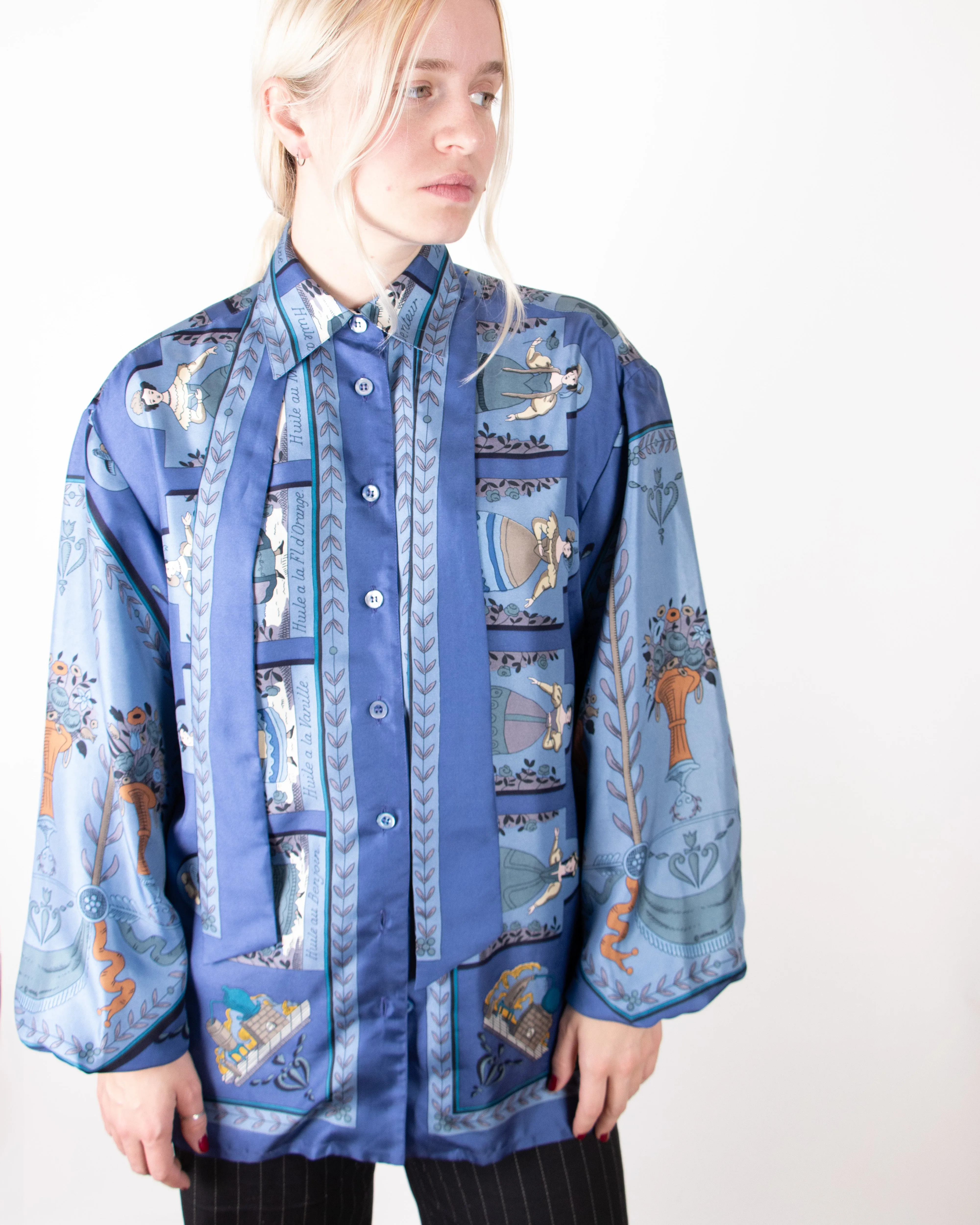 1980s Hermès Blue Flowy Silk Shirt with Additional Bow M