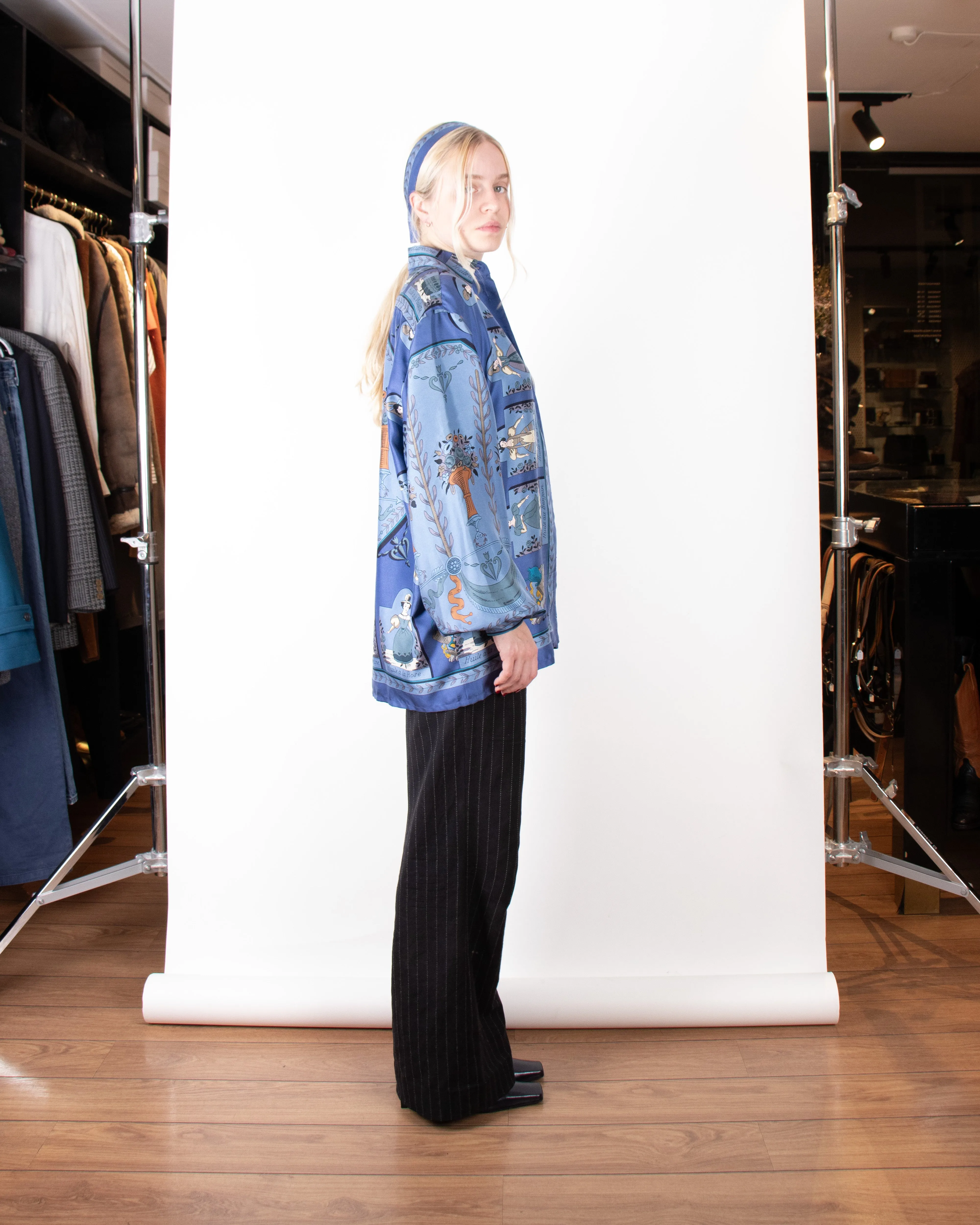 1980s Hermès Blue Flowy Silk Shirt with Additional Bow M