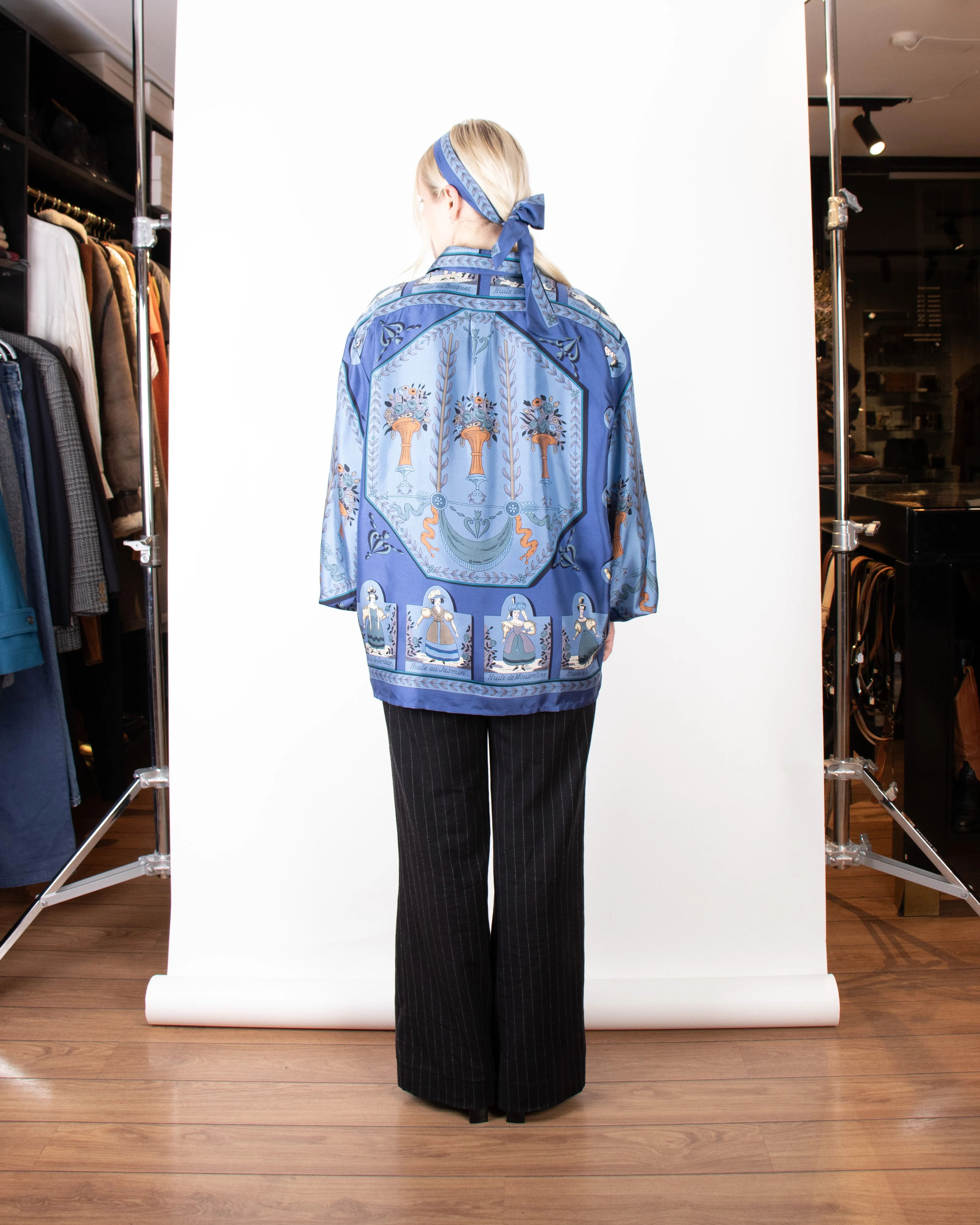 1980s Hermès Blue Flowy Silk Shirt with Additional Bow M