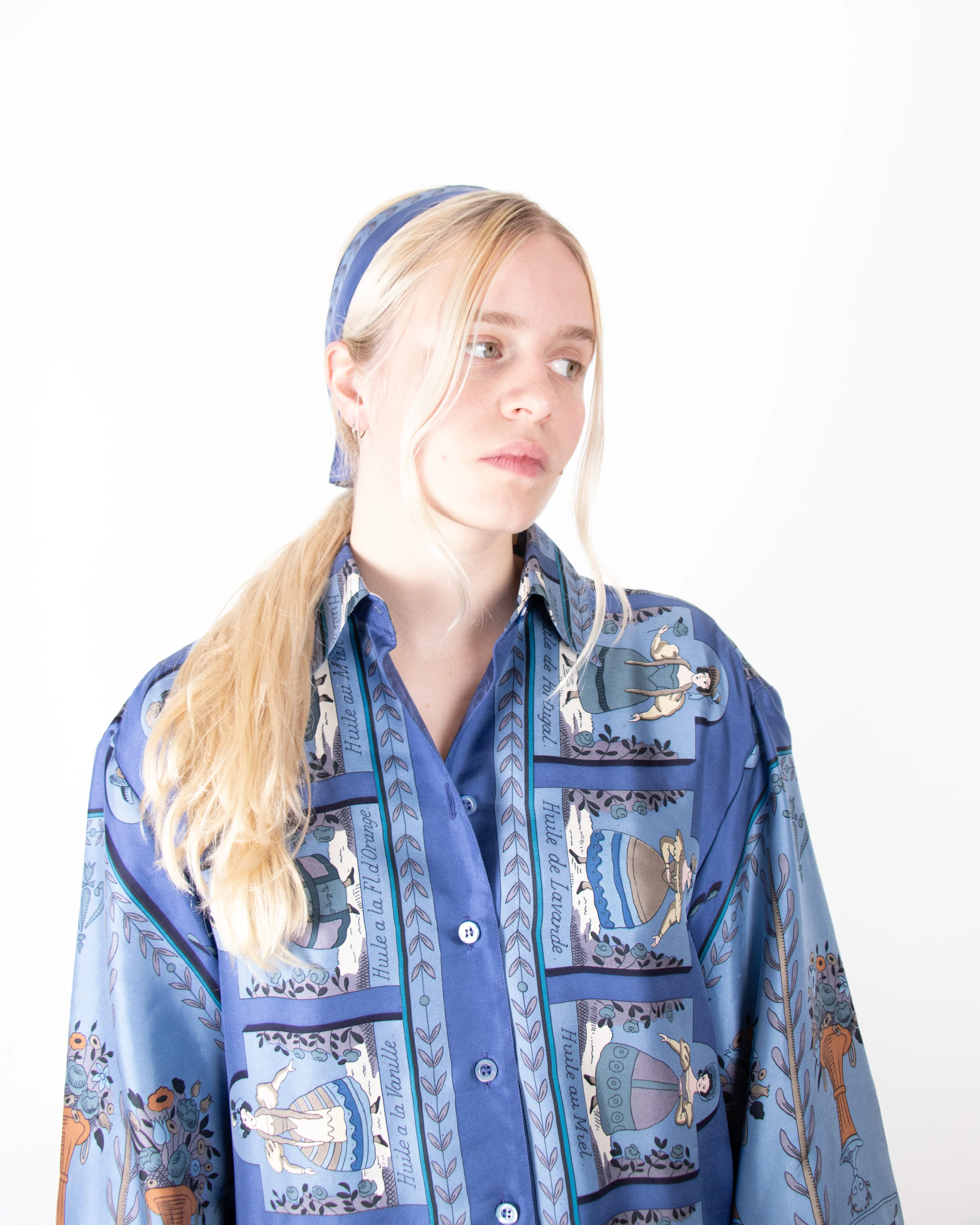 1980s Hermès Blue Flowy Silk Shirt with Additional Bow M