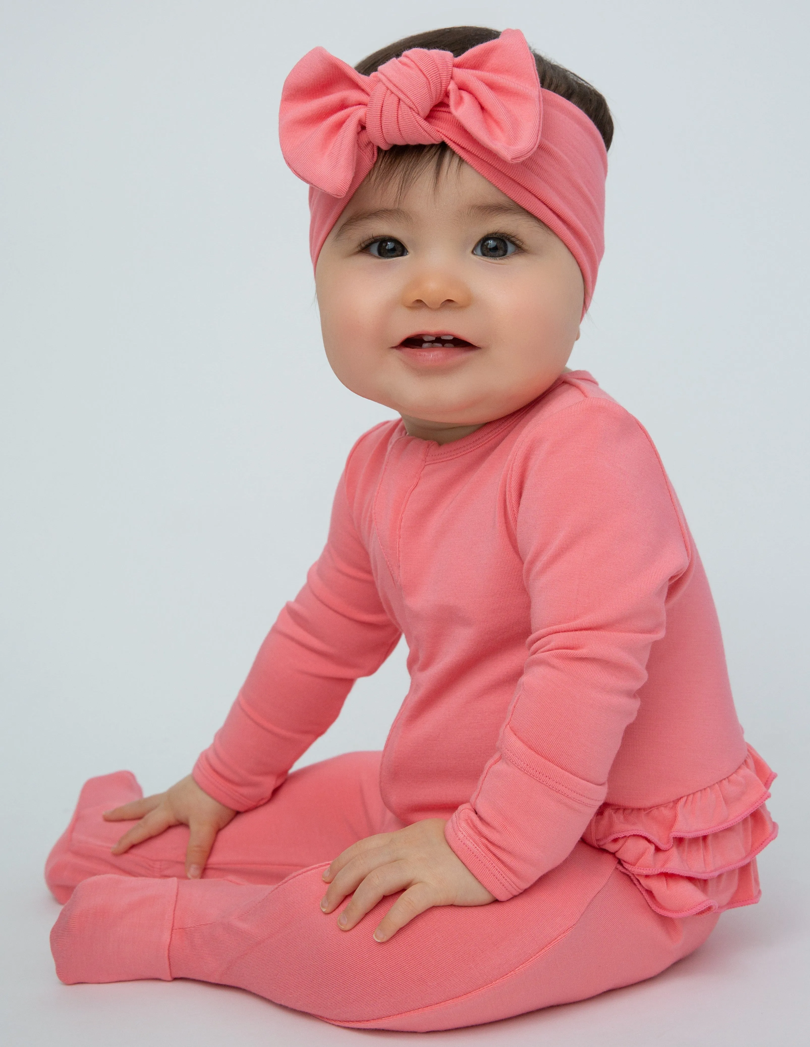 Angel Dear Basic Flamingo Pink Solid Bamboo Ruffle Back Zipper Footie