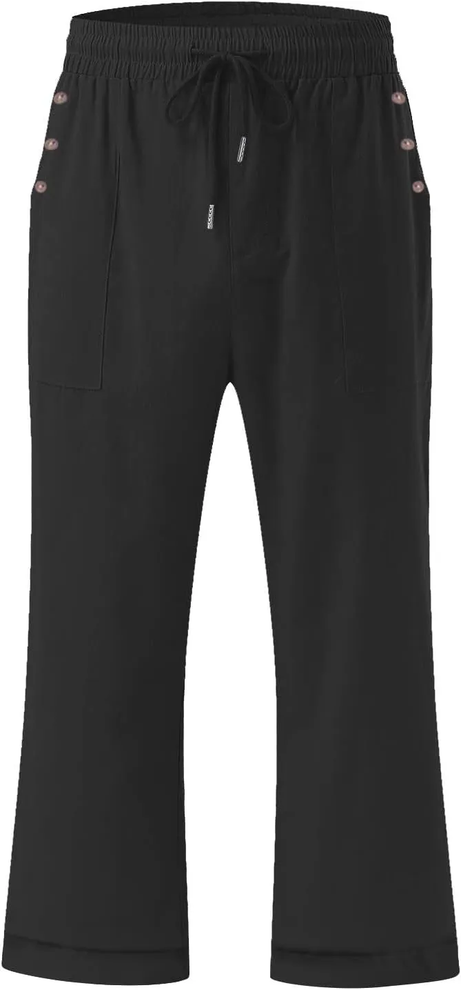 Anjikang Womens Capris for Summer Plus Size Lightweight Linen Capri Pants High Waisted Wide Leg Cropped Pants with Pockets