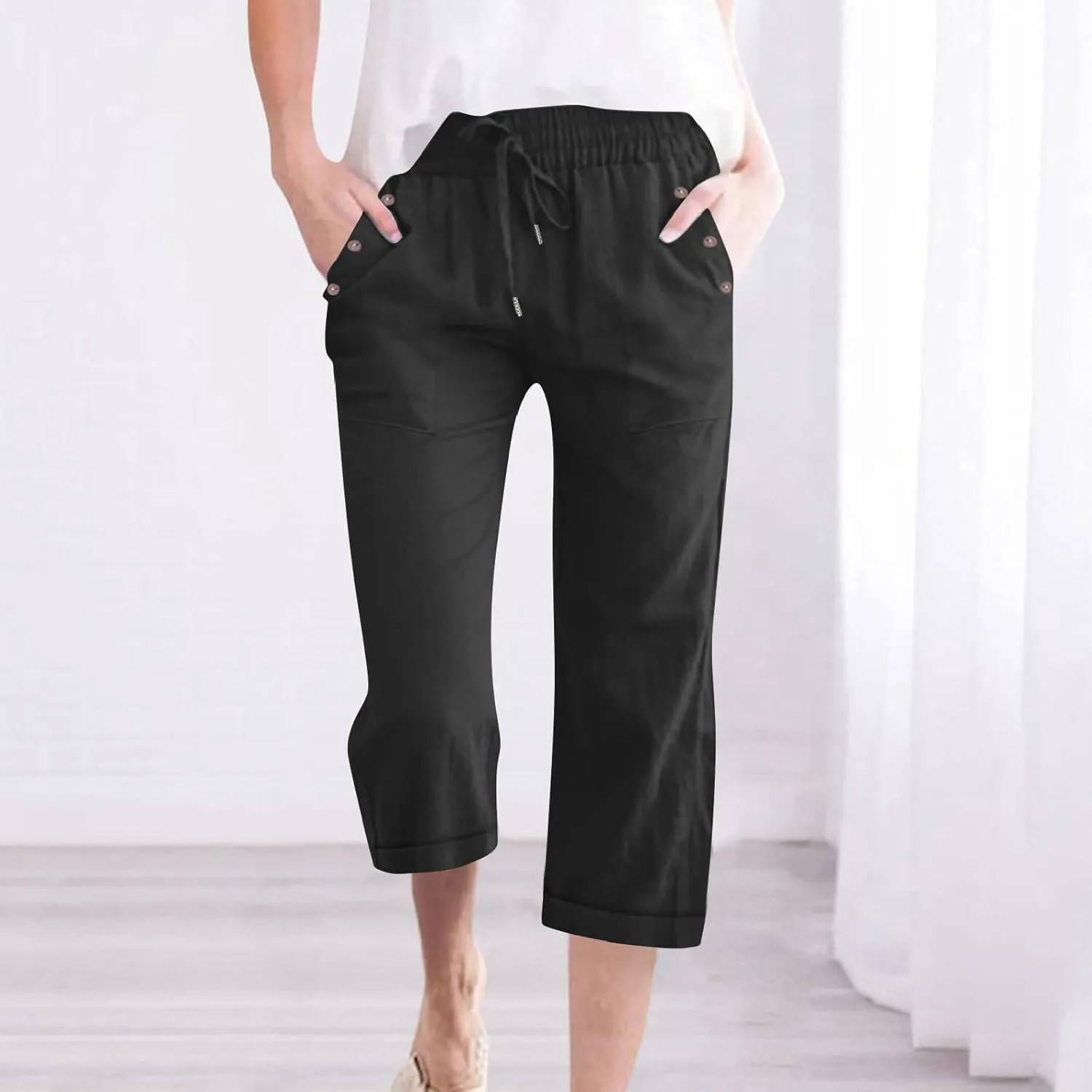 Anjikang Womens Capris for Summer Plus Size Lightweight Linen Capri Pants High Waisted Wide Leg Cropped Pants with Pockets