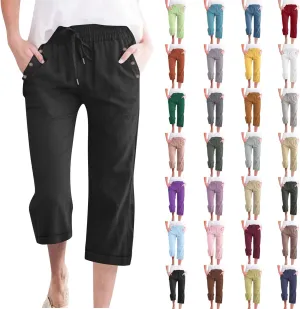 Anjikang Womens Capris for Summer Plus Size Lightweight Linen Capri Pants High Waisted Wide Leg Cropped Pants with Pockets