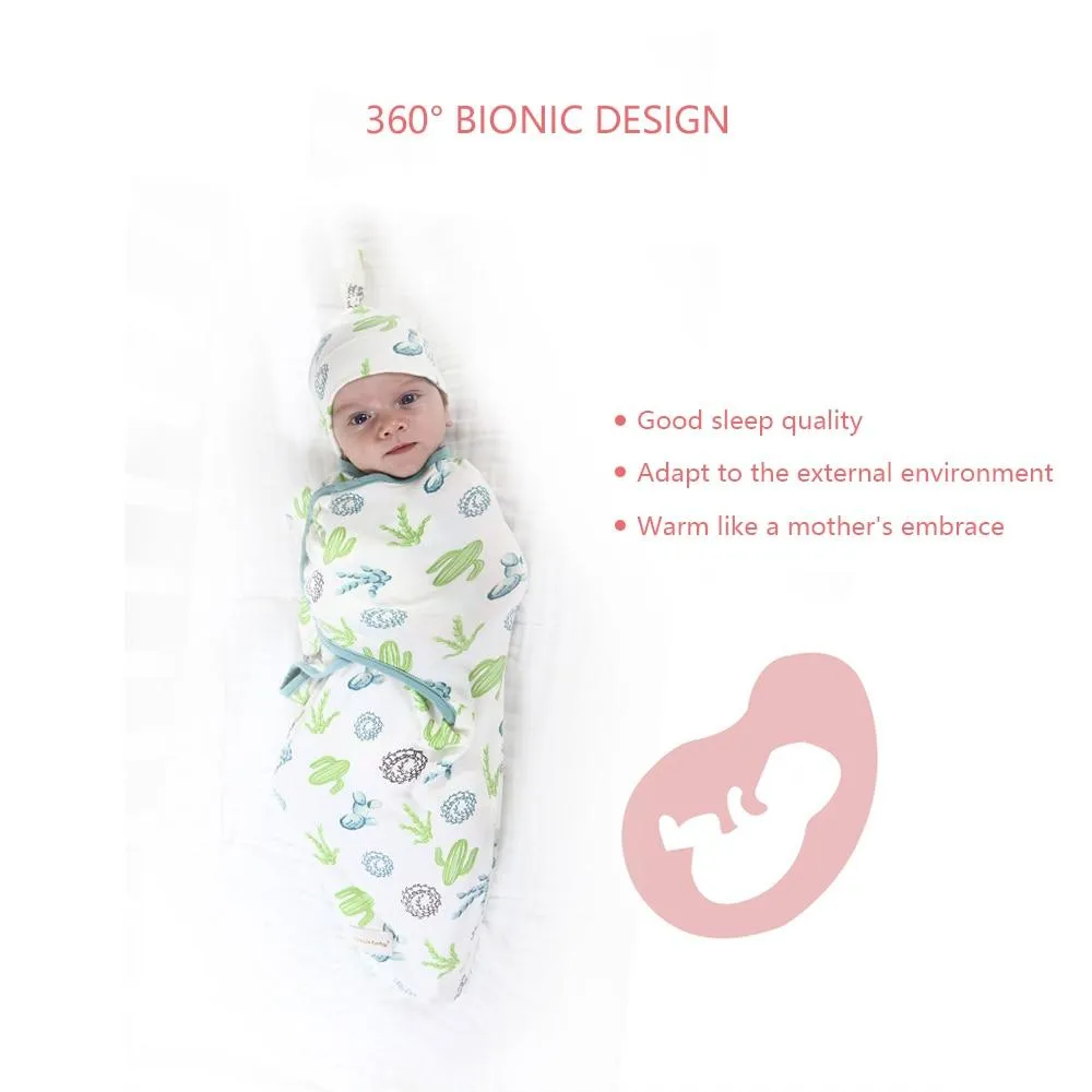 Baby Cotton Cartoon Cocoon Swaddle Wrap Blanket and Hat Set