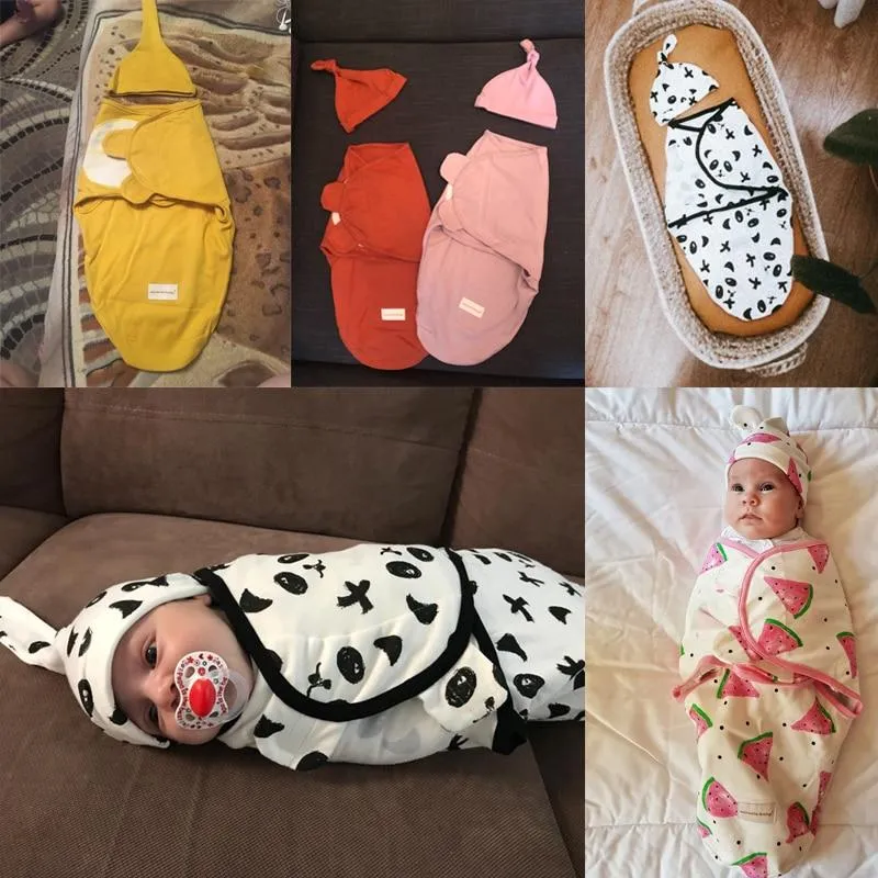 Baby Cotton Cartoon Cocoon Swaddle Wrap Blanket and Hat Set