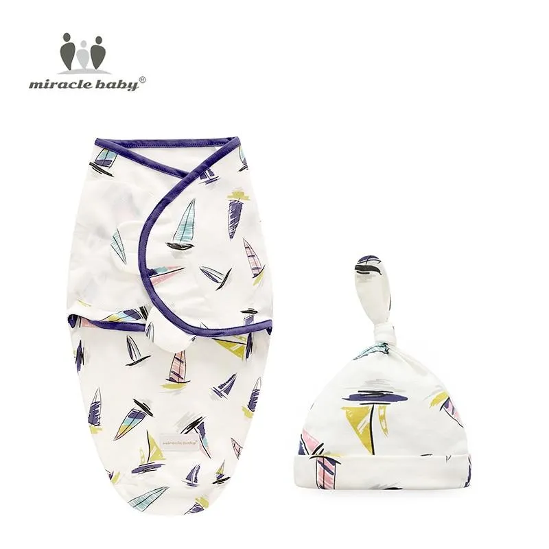Baby Cotton Cartoon Cocoon Swaddle Wrap Blanket and Hat Set