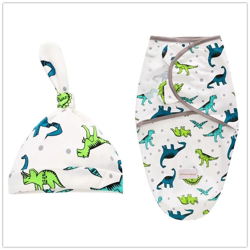 Baby Cotton Cartoon Cocoon Swaddle Wrap Blanket and Hat Set