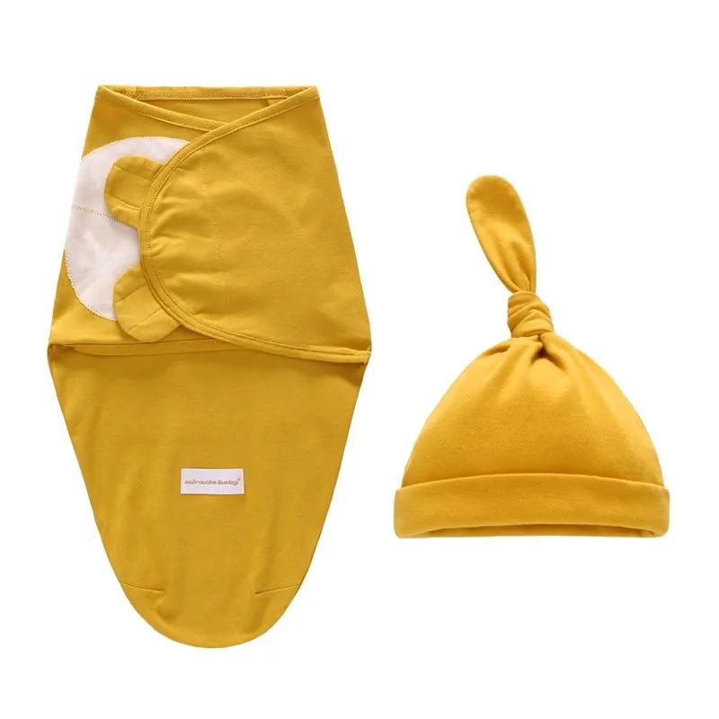 Baby Cotton Cartoon Cocoon Swaddle Wrap Blanket and Hat Set