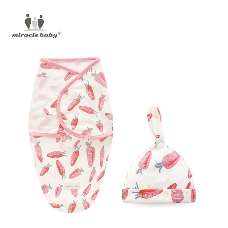 Baby Cotton Cartoon Cocoon Swaddle Wrap Blanket and Hat Set