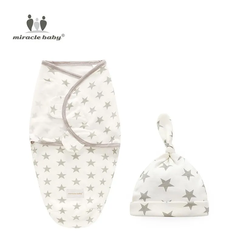 Baby Cotton Cartoon Cocoon Swaddle Wrap Blanket and Hat Set