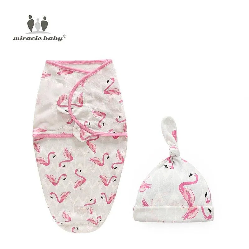 Baby Cotton Cartoon Cocoon Swaddle Wrap Blanket and Hat Set