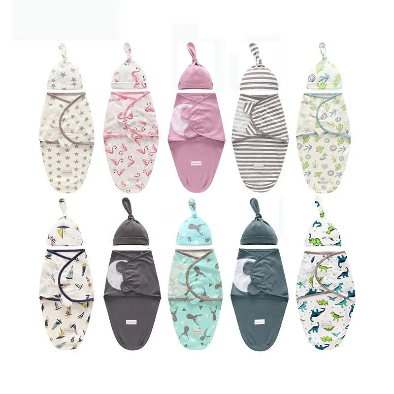 Baby Cotton Cartoon Cocoon Swaddle Wrap Blanket and Hat Set