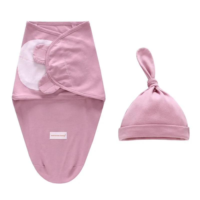 Baby Cotton Cartoon Cocoon Swaddle Wrap Blanket and Hat Set
