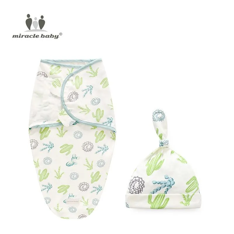Baby Cotton Cartoon Cocoon Swaddle Wrap Blanket and Hat Set