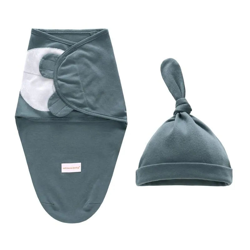 Baby Cotton Cartoon Cocoon Swaddle Wrap Blanket and Hat Set