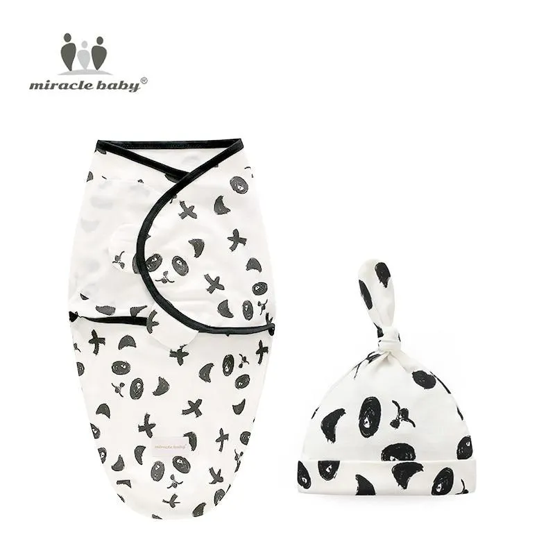 Baby Cotton Cartoon Cocoon Swaddle Wrap Blanket and Hat Set