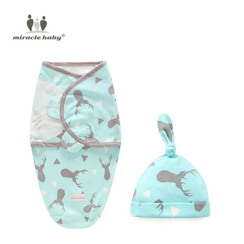 Baby Cotton Cartoon Cocoon Swaddle Wrap Blanket and Hat Set