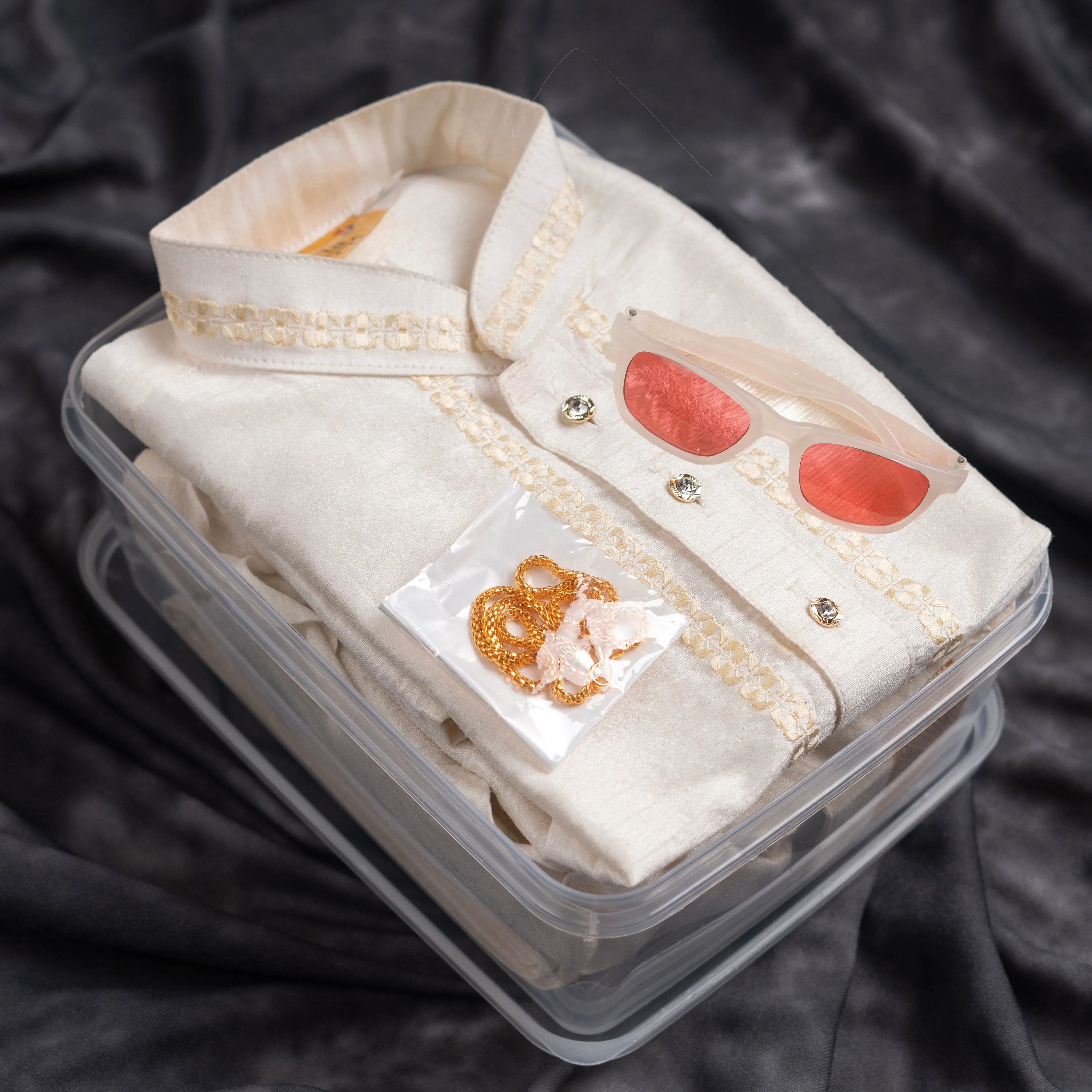Baby Moo x Kurta Co. Traditional Dhoti Khandwa Kurta Set | Soft Banaras Silk With Gold Border | Premium Plastic Gift Box 6pcs - Cream