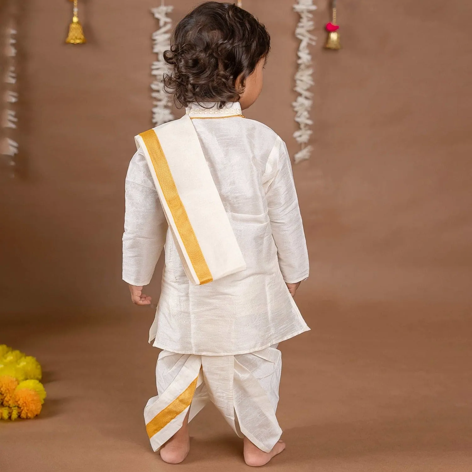 Baby Moo x Kurta Co. Traditional Dhoti Khandwa Kurta Set | Soft Banaras Silk With Gold Border | Premium Plastic Gift Box 6pcs - Cream