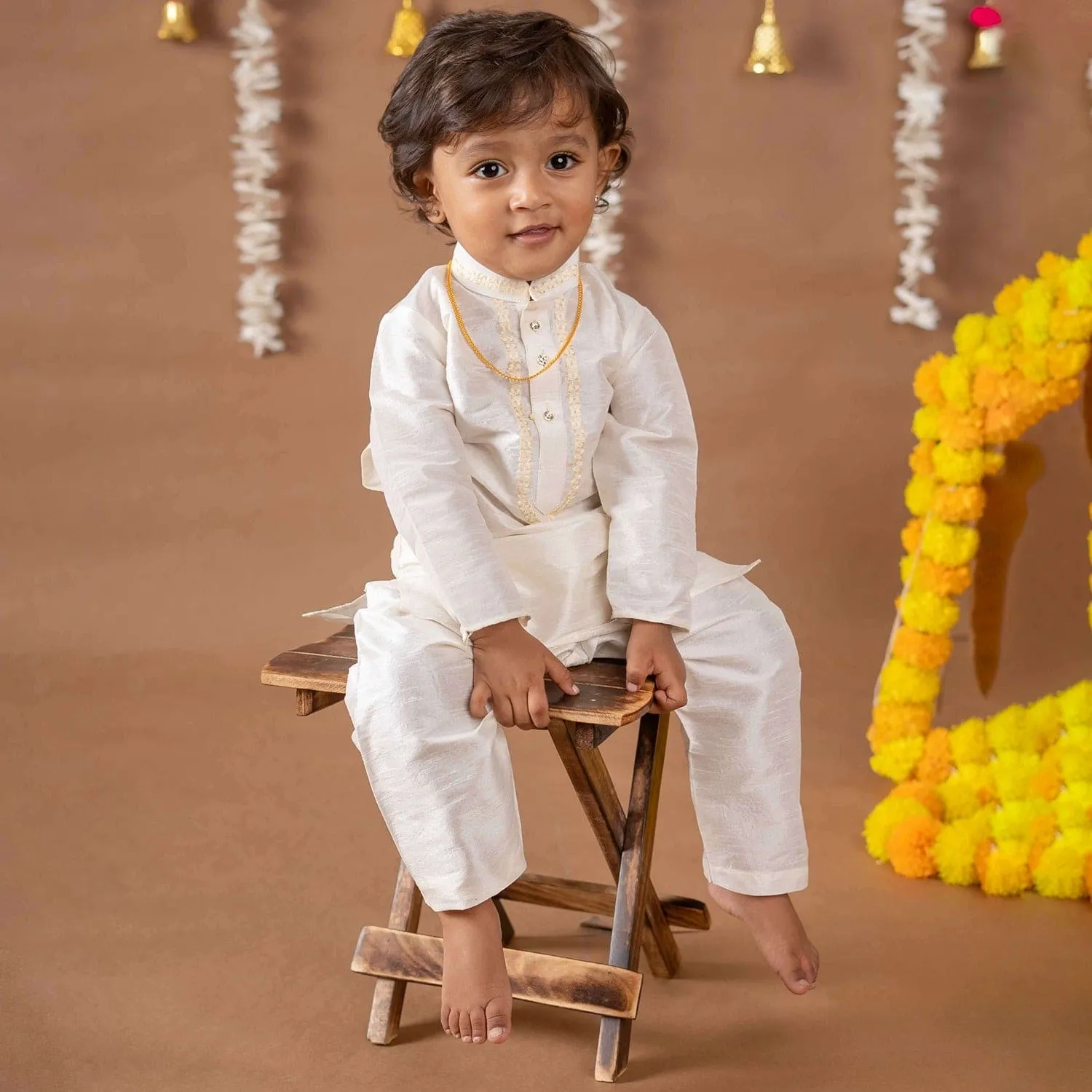 Baby Moo x Kurta Co. Traditional Dhoti Khandwa Kurta Set | Soft Banaras Silk With Gold Border | Premium Plastic Gift Box 6pcs - Cream