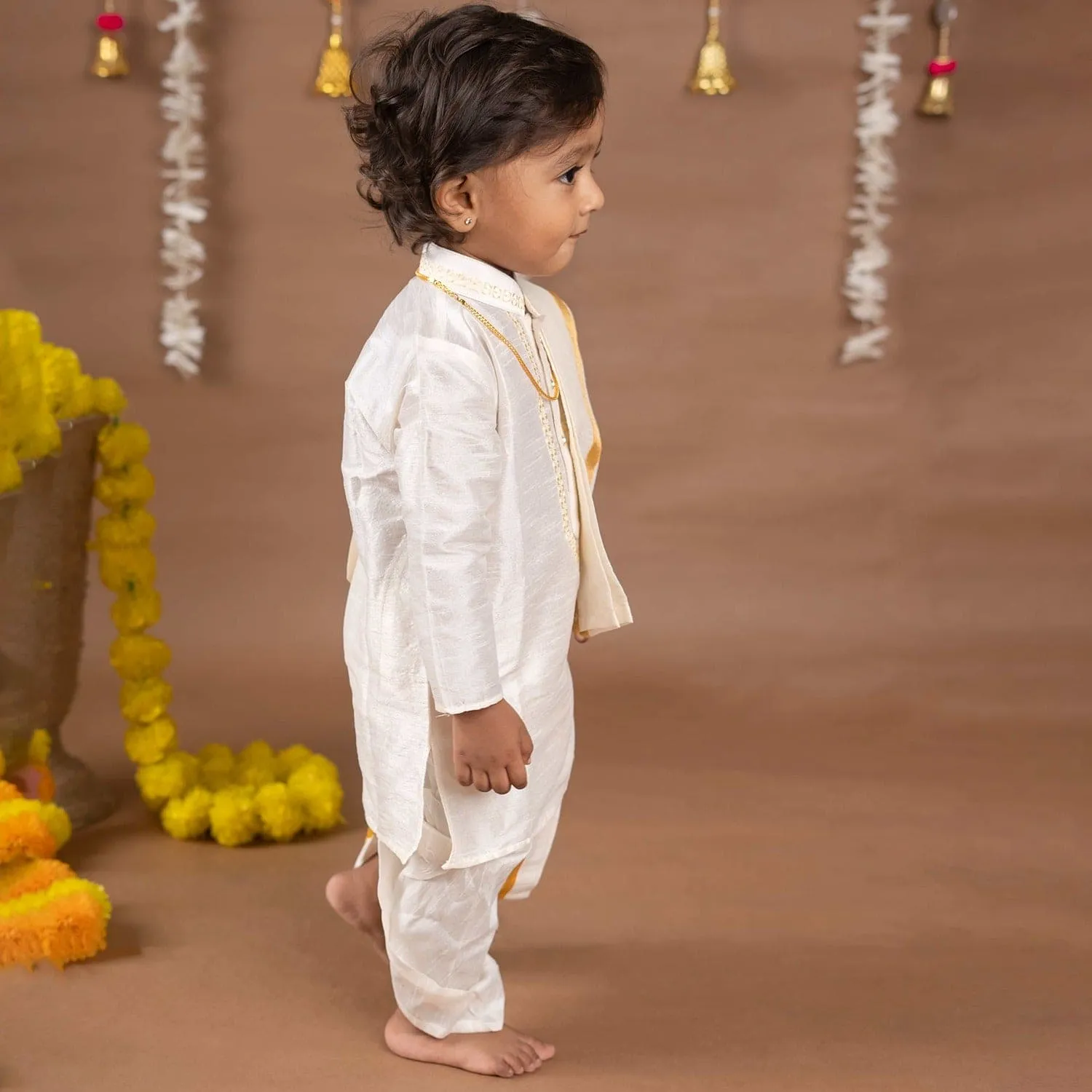 Baby Moo x Kurta Co. Traditional Dhoti Khandwa Kurta Set | Soft Banaras Silk With Gold Border | Premium Plastic Gift Box 6pcs - Cream