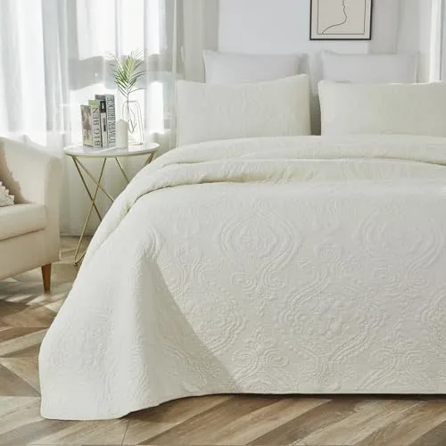 Brandream Quilt Set Cotton Queen King Size Bedspread Coverlet Set 100% Cotton Cream White Luxury Quilted Comforter Sets Damask Embroidery Lightweight