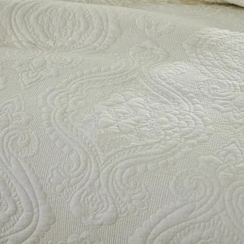Brandream Quilt Set Cotton Queen King Size Bedspread Coverlet Set 100% Cotton Cream White Luxury Quilted Comforter Sets Damask Embroidery Lightweight