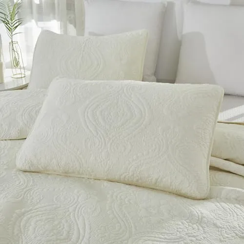 Brandream Quilt Set Cotton Queen King Size Bedspread Coverlet Set 100% Cotton Cream White Luxury Quilted Comforter Sets Damask Embroidery Lightweight
