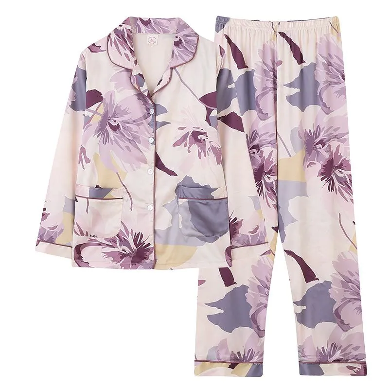 Button Front Flower Long Sleeve Comfortable Silk Pj Set