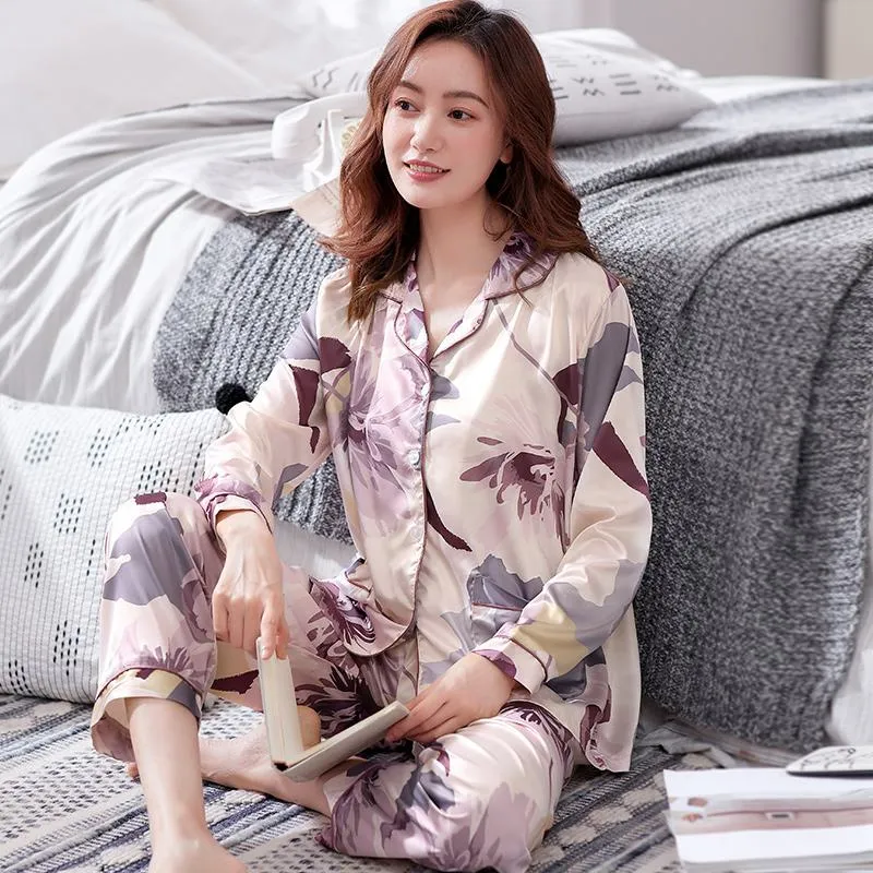 Button Front Flower Long Sleeve Comfortable Silk Pj Set