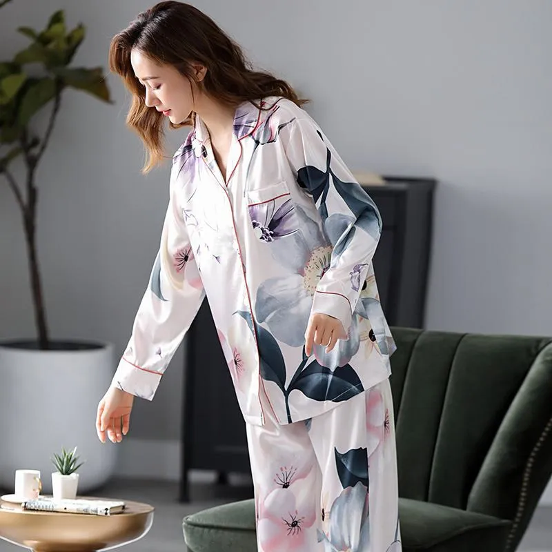 Button Front Flower Pocket Print Comfortable Silk Pj Set