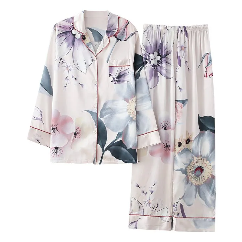 Button Front Flower Pocket Print Comfortable Silk Pj Set