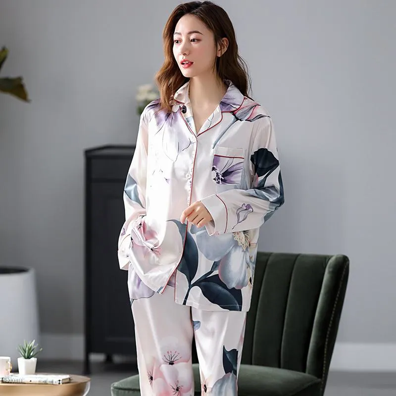 Button Front Flower Pocket Print Comfortable Silk Pj Set