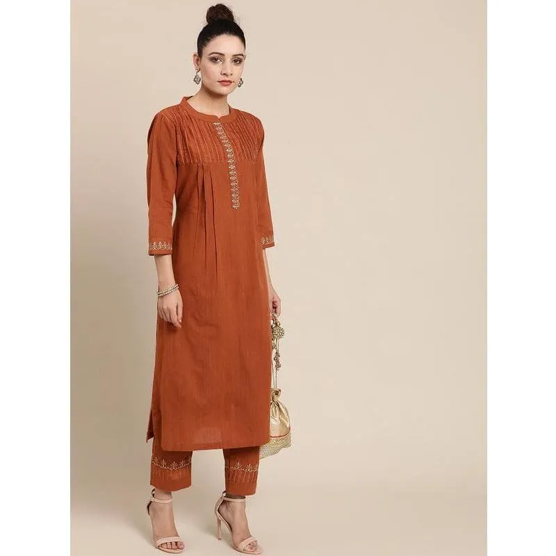 Caramel Brown Embroidered Kurta Set