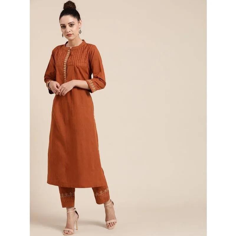 Caramel Brown Embroidered Kurta Set