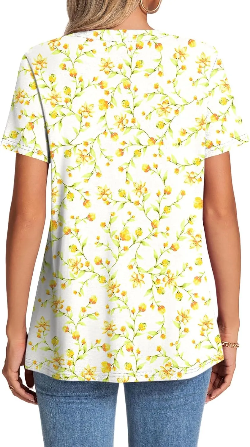 CATHY Womens Summer Tunic Tops Short Sleeve V-neck Henley Shirts Trendy Button Blouses
