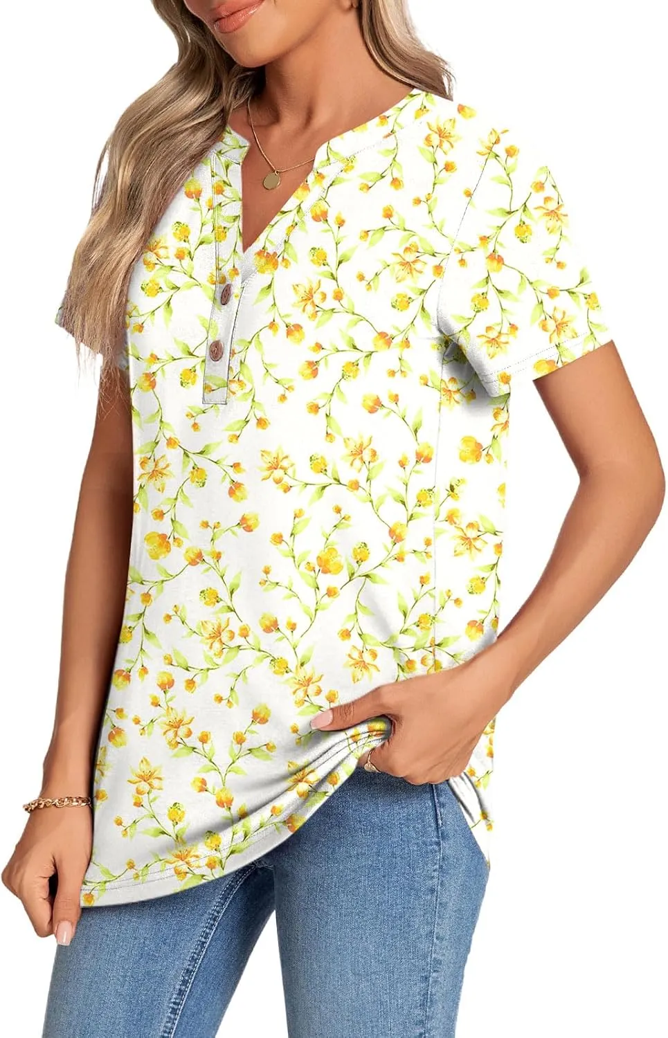 CATHY Womens Summer Tunic Tops Short Sleeve V-neck Henley Shirts Trendy Button Blouses