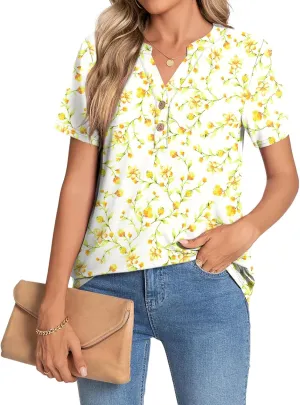 CATHY Womens Summer Tunic Tops Short Sleeve V-neck Henley Shirts Trendy Button Blouses