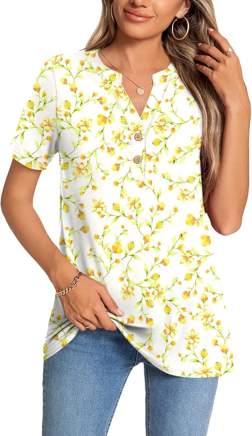 CATHY Womens Summer Tunic Tops Short Sleeve V-neck Henley Shirts Trendy Button Blouses