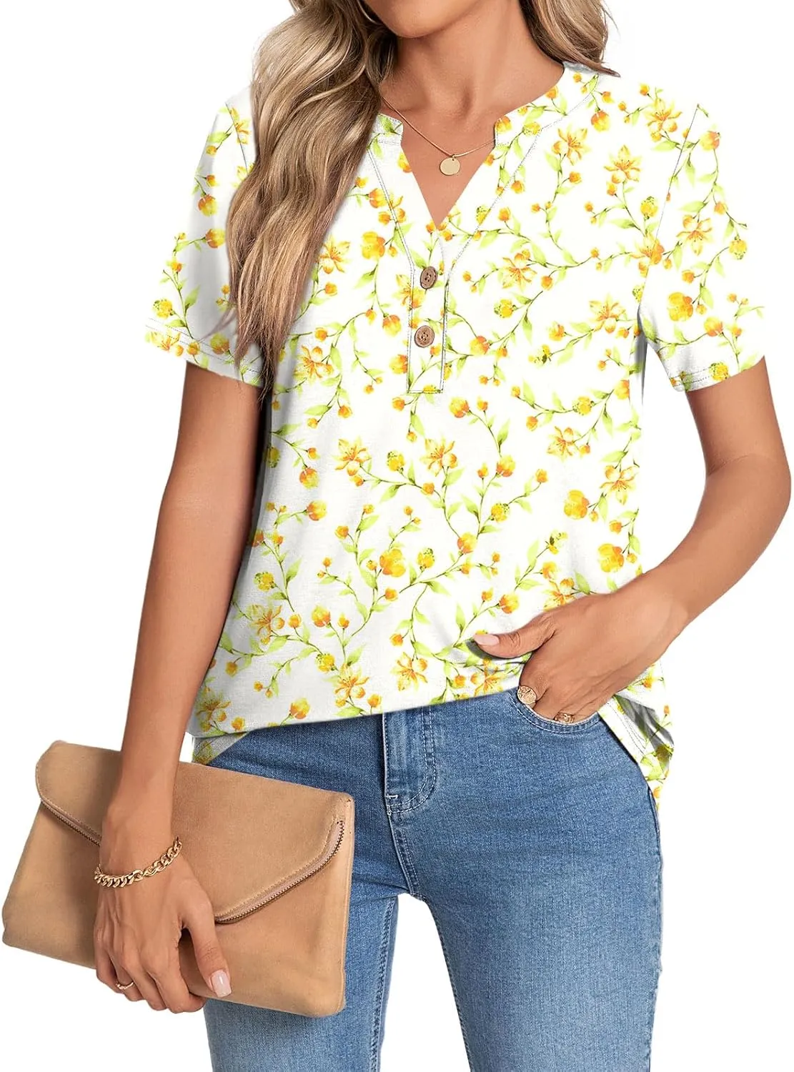 CATHY Womens Summer Tunic Tops Short Sleeve V-neck Henley Shirts Trendy Button Blouses