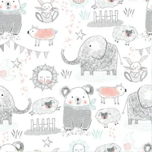 Comfy Flannel  -  Animal drawings on white N13984-WHT