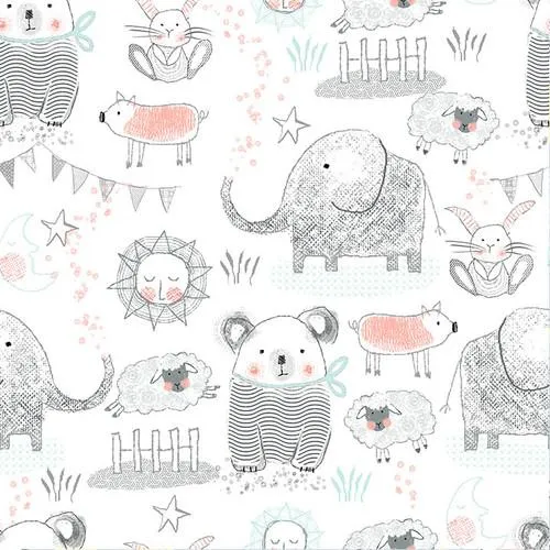 Comfy Flannel  -  Animal drawings on white N13984-WHT