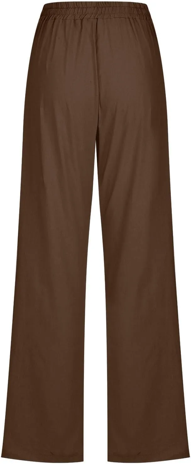 Cotton Linen Pants for Women Dressy Casual High Waisted Drawstring Pant Causal Summer Straight Leg Lounge Trousers