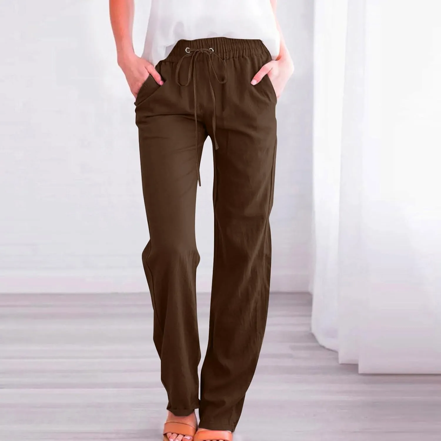 Cotton Linen Pants for Women Dressy Casual High Waisted Drawstring Pant Causal Summer Straight Leg Lounge Trousers