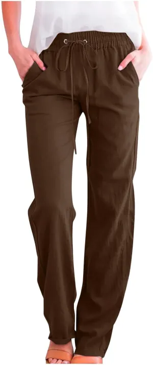Cotton Linen Pants for Women Dressy Casual High Waisted Drawstring Pant Causal Summer Straight Leg Lounge Trousers