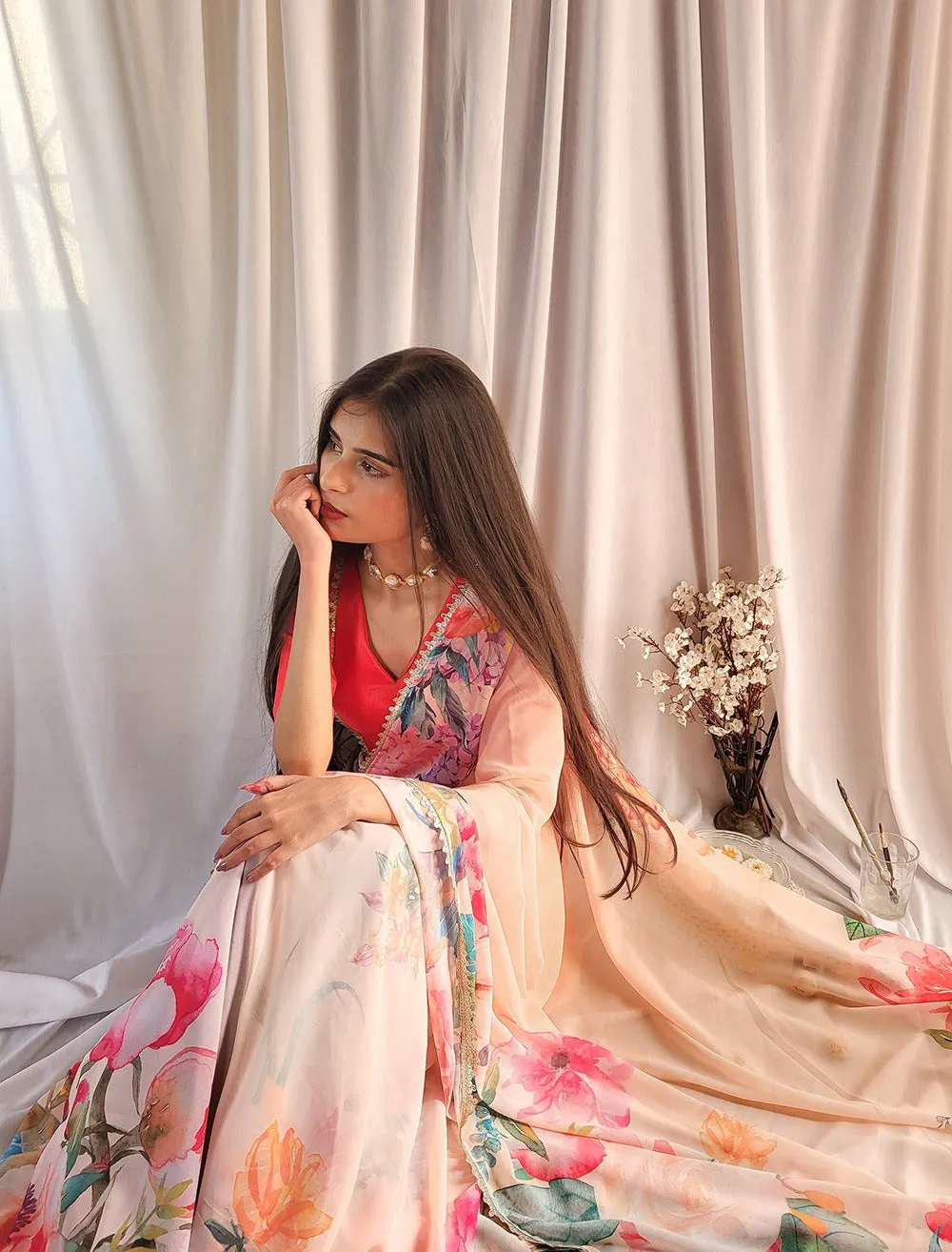Cream Color Floral Printed Georgette Saree with Sequins and Lace