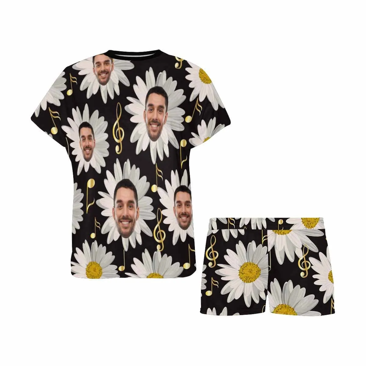 Custom Face Pajamas Daisy Sleepwear Personalized Black Women's Short Pajama Set