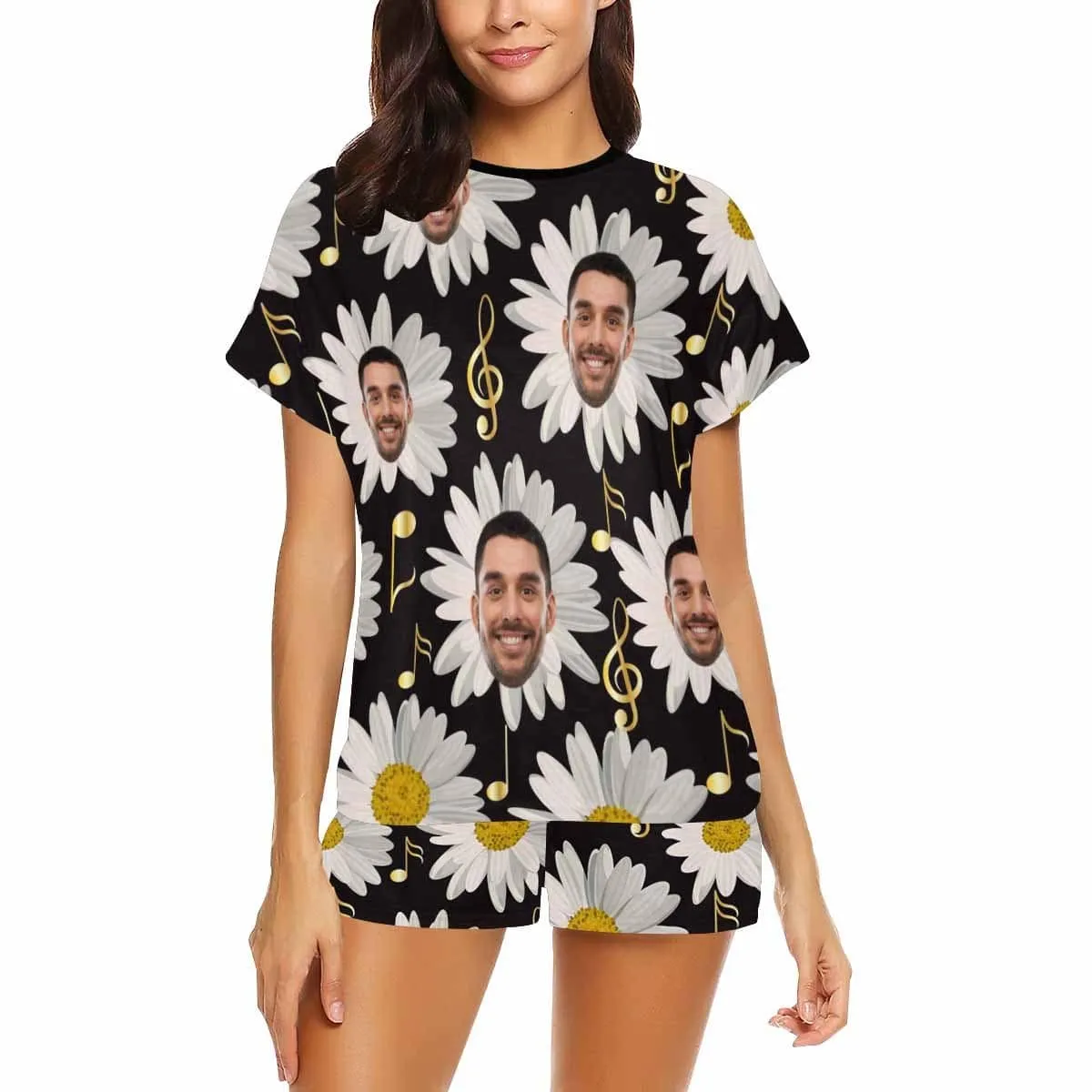 Custom Face Pajamas Daisy Sleepwear Personalized Black Women's Short Pajama Set